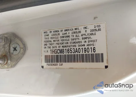 2003 Honda Accord 3.0 Ex из США, поврежденный, VIN 1HGCM81653A019016